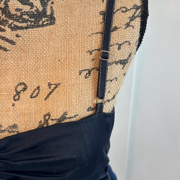 Cache Darkwash Denim Ruched Jean Dress in Bodycon Midi Style with Tan Stitching! - Picture 5 of 8